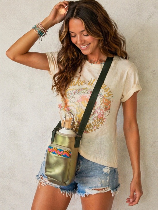 NATURAL LIFE Handbags - Natural Life Crossbody Water Bottle Holder Cozy Embroidered Metallic Boho Bag